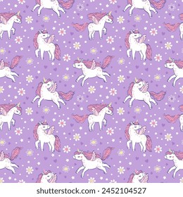 White unicorn with pink mane and tail. Vector seamless pattern with cute unicorns on a purple floral background