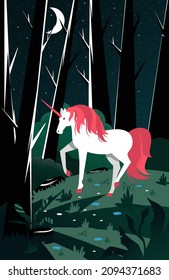 White Unicorn with Pink Mane and Twisted Horn Standing in the Dark Forest with Tall Trees and Shining Moon Vector Illustration. Fairy Mythological Creature with Slender Legs and Magic Power