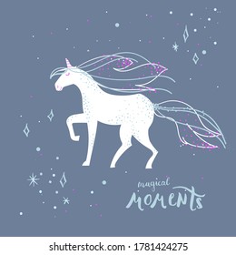 A white unicorn with pink sequins on a gray background. Magical moments. Vector illustration