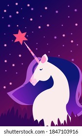 White unicorn with purple hair and pink stars on dark background. Editable vector illustration, poster, greeting card, t-shirt design