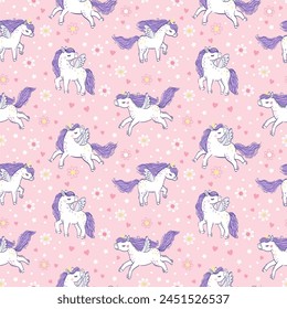 White unicorn with purple mane and tail. Vector seamless pattern with cute unicorns on a pink floral background