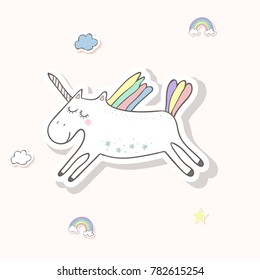 White unicorn with a rainbow and clouds. Hand drawn illustration
