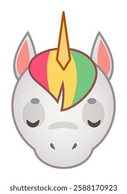 White unicorn with rainbow colored hair, closing its eyes and drifting off to sleep, rests peacefully against a pure white background, embodying magic and innocence