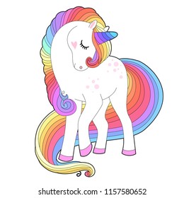 White Unicorn  with rainbow hair. Cute pony character  isolated on white. Print for t-shirts,  baby shower and bags. Kids design element