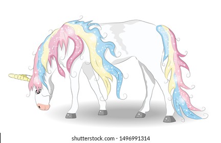 White Unicorn with rainbow hair illustration for children design. Cute fantasy animal