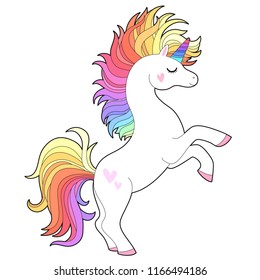 White Unicorn  with rainbow hair.  Print for t-shirts,  baby shower and bags. Vector isolated on white