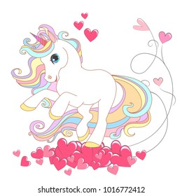 White Unicorn with rainbow hair vector illustration for children design. Cute fantasy animal. Love background