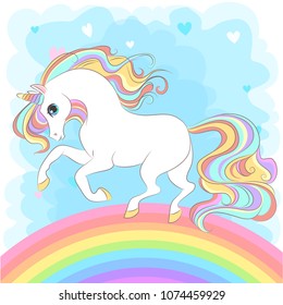 White Unicorn with rainbow hair vector illustration for children design. Cute fantasy animal. Isolated