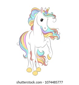 White Unicorn with rainbow hair vector illustration for children design. Cute fantasy animal. Isolated