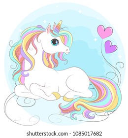 White Unicorn with rainbow hair vector illustration for children design. Cute fantasy animal. Isolated