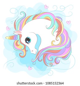 White Unicorn with rainbow hair vector illustration for children design. Cute fantasy animal. Isolated