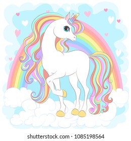 White Unicorn with rainbow hair vector illustration for children design. Cute fantasy animal. Isolated