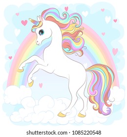 White Unicorn with rainbow hair vector illustration for children design. Cute fantasy animal. Isolated