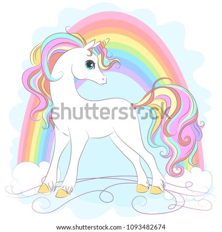 White Unicorn with rainbow hair vector illustration for children design. Cute fantasy animal. Isolated