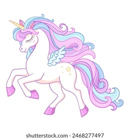 White unicorn with a rainbow mane. Isolated on a white background. Fantastic animal For children's design of prints, posters, cards, non-adhesives, etc. Vector illustration