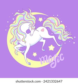 White unicorn with rainbow mane, moon and stars. The inscription Magic. For children's design of prints, posters, cards, stickers, badges, etc. Vector illustration