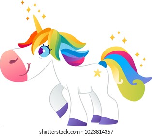 White unicorn with rainbow mane on white background
