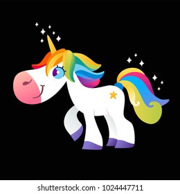 White unicorn with rainbow mane on black background
