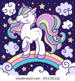 White unicorn with a rainbow mane on a dark background. Baby image. For the design of prints, posters, stickers, postcards, badges. Vector