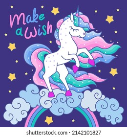 A white unicorn with a rainbow mane in the sky. Fantastic animal.For children's design of prints, posters, stickers, cards and so on. Vector