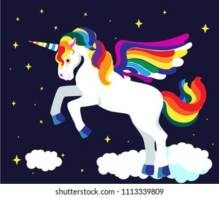 white unicorn with rainbow mane tail and wings, vector illustration on black background, clouds and stars