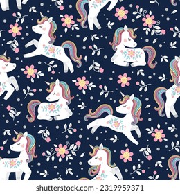 White unicorn with rainbow mane and tail. Vector seamless pattern with cute unicorns on dark floral background