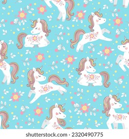 White unicorn with rainbow mane and tail. Vector seamless pattern with cute unicorns on a blue floral background