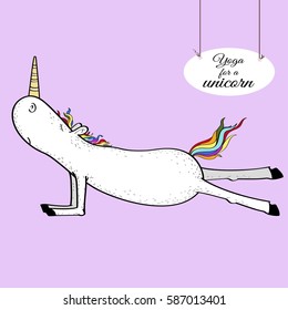 The white unicorn with a rainbow tail is engaged in yoga