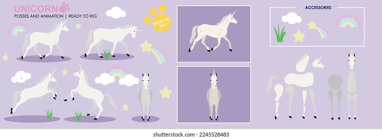 White Unicorn bereit, um mit mehreren Posen Accessoires zu animieren. Vektor-Datei mit dem Namen "ready to rig". Reiten, Reiten, Springen, Unicorn spielen. Rutsche Zeichen.
