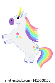 The white unicorn reared up. Unicorn with a mane and tail of seven colors of the rainbow. Horse with apples on the body.