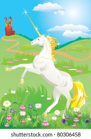 White unicorn rearing up on its hind legs on beautiful meadow with wild flowers