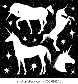 White unicorn silhouettes set with stars on black backdrop. Vector unicorn horse, vector magic animal black illustration