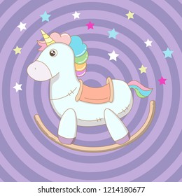 White Unicorn vector children Rainbow hair. Isolated. Cute fantasy stars animal  and purple background.
