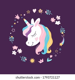 White unicorn vector head with big eye and set of flowers, crowns, stars, hearts. Magic cute girl decoration. Mane and horn on dark background. Fabric print, seamless pattern with dreaming unicorn. 