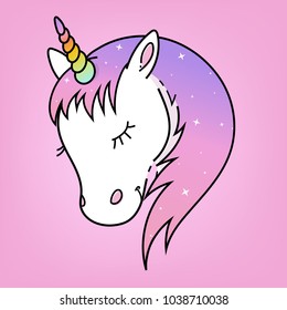 White unicorn vector head with mane and rainbow horn. Unicorn on pink background. Print for girl t-shirt and etc.