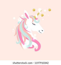 White unicorn vector head with mane and horn on starry background.