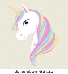 White unicorn vector head with mane and horn on starry background.