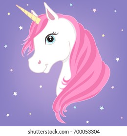 White unicorn vector head with pink mane and horn. Unicorn on starry background.