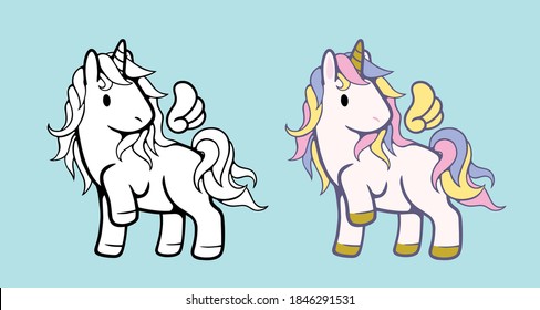 White Unicorn vector icon for children design isolated. Portrait white horse with rainbow hair. Cute magic cartoon fantasy animal. Animal in dream fantasy concept.