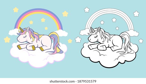 White Unicorn vector icon for children design isolated. Portrait white horse with rainbow hair. Cute magic cartoon fantasy animal. Animal in dream fantasy concept.