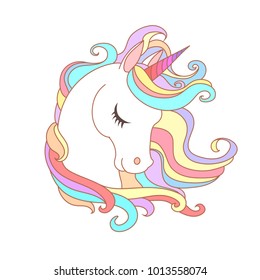 White Unicorn Vector Illustration For Children Design. Rainbow Hair. Isolated. Cute Fantasy Animal.