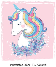 White Unicorn vector illustration for children design. Rainbow hair. Isolated. Cute fantasy animal.