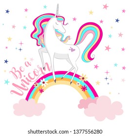 White Unicorn vector illustration for children design. Rainbow hair. Isolated. Cute fantasy animal.