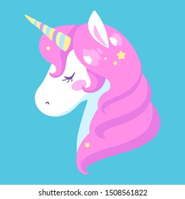 White Unicorn vector illustration for children design. Pink hair. Isolated. Cute fantasy animal.