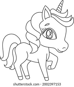 Ilustración vectorial de unicornio blanco para diseño infantil. Cabello arcoiris. página de color