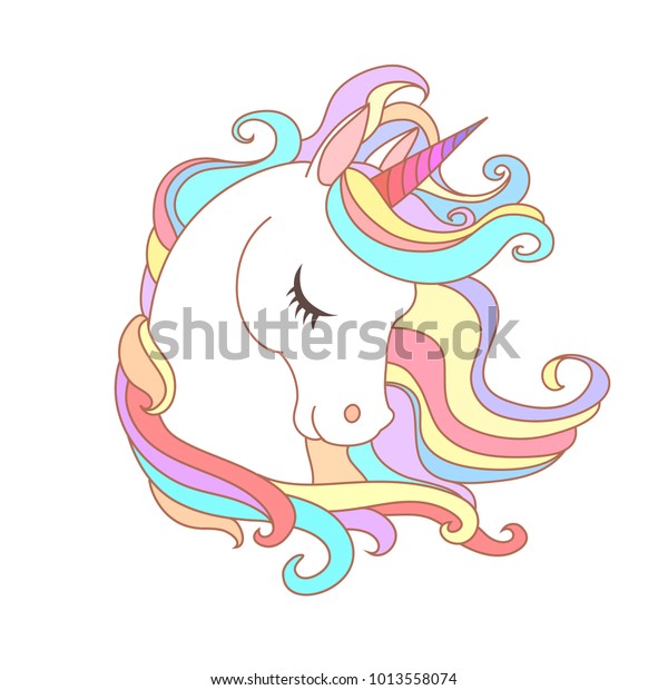 White Unicorn vector\
illustration for children design. Rainbow hair. Isolated. Cute\
fantasy animal.