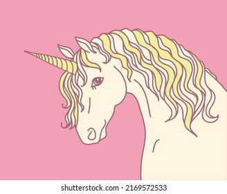 White Unicorn vector illustration isolated on pink background. Vector white horse with gold horn
