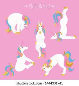 White unicorn yoga poses and exercises. Cute cartoon clipart set. Vector illustration