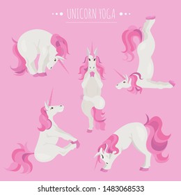 White unicorn yoga poses and exercises. Cute cartoon clipart set. Vector illustration