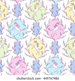 White unicorns among the twisted branches on multicolor background. Seamless pattern for textile and design
